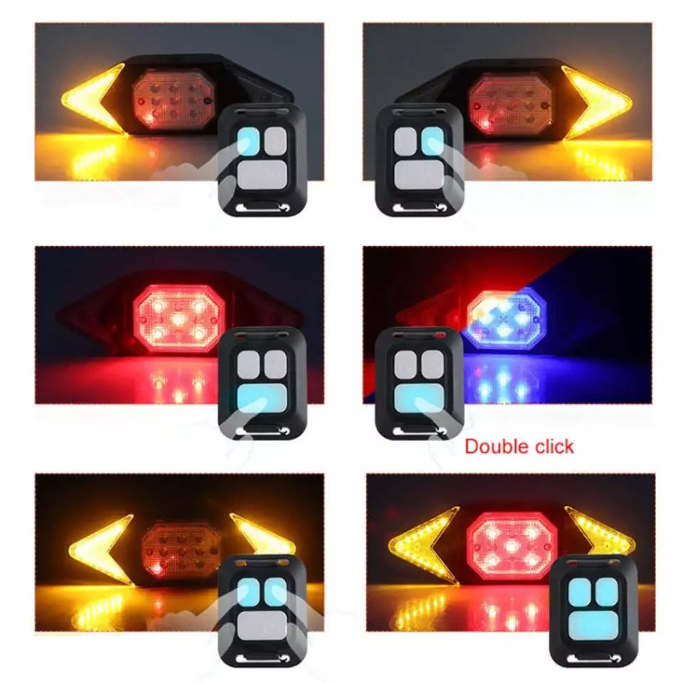 "Wasserdichter Fahrradblinker mit LED-Licht und Fernbedienung, an Fahrradrahmen montiert, bei Nacht sichtbar"