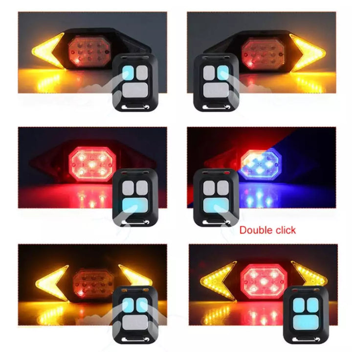 "Wasserdichter Fahrradblinker mit LED-Licht und Fernbedienung, an Fahrradrahmen montiert, bei Nacht sichtbar"