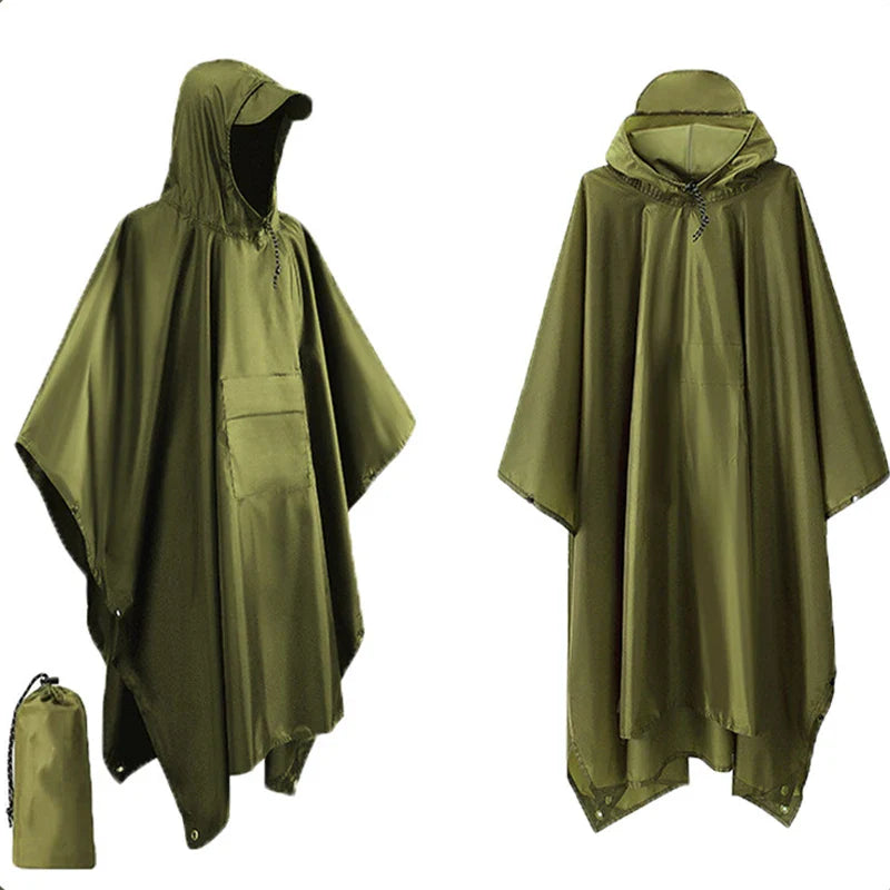 Schützender Militär-Regenponcho mit Kapuze, wasserdicht für Camping, Wandern und als Notunterstand.