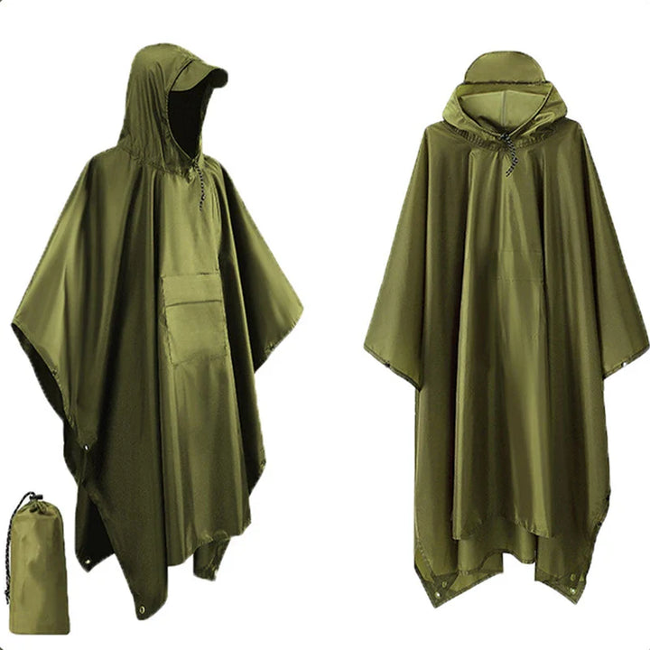 Schützender Militär-Regenponcho mit Kapuze, wasserdicht für Camping, Wandern und als Notunterstand.