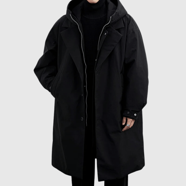 "Wasserfester Herren-Regenmantel, stilvolles Design, dunkelblau, Allwetter-Schutz, atmungsaktiv, elegant, robust."
