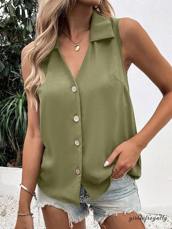 Damen ärmelloses Sommer Top von vorne in Army Green mit Knopfleiste