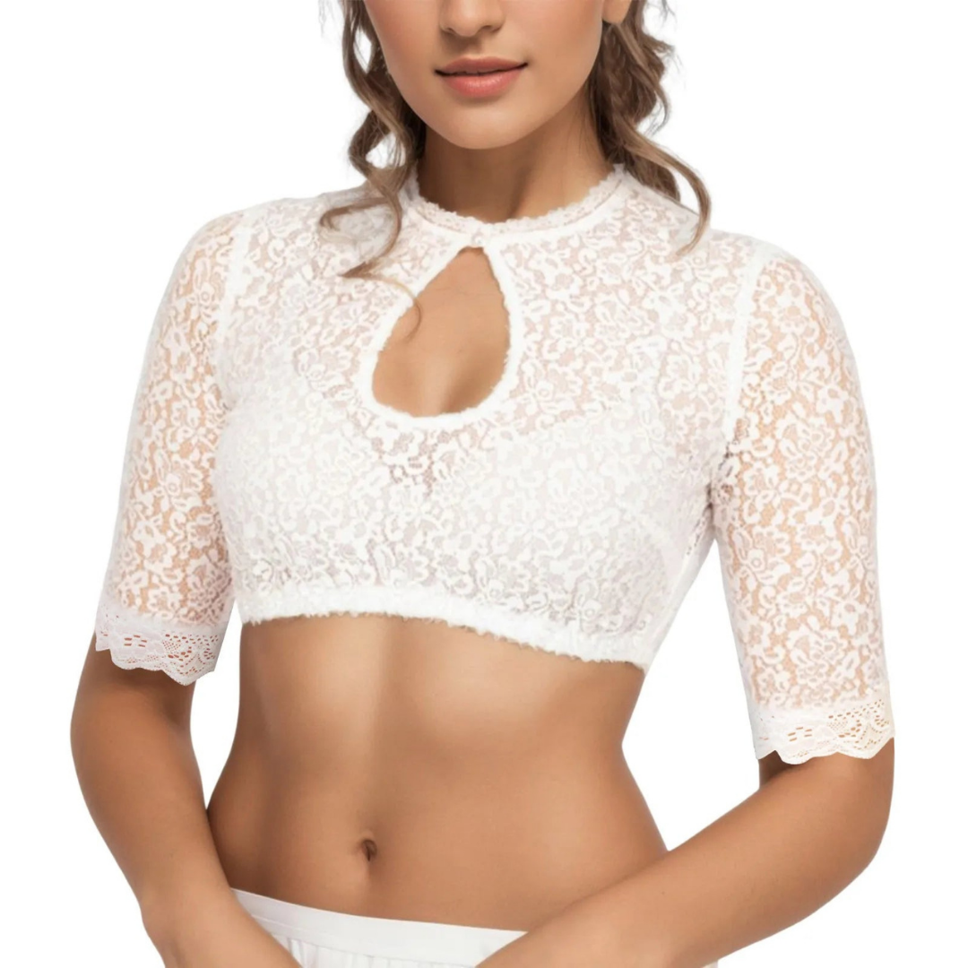 Vielseitige weiße Damen Dirndlbluse, perfekt für festliche Anlässe, Oktoberfest und Trachtenmode.