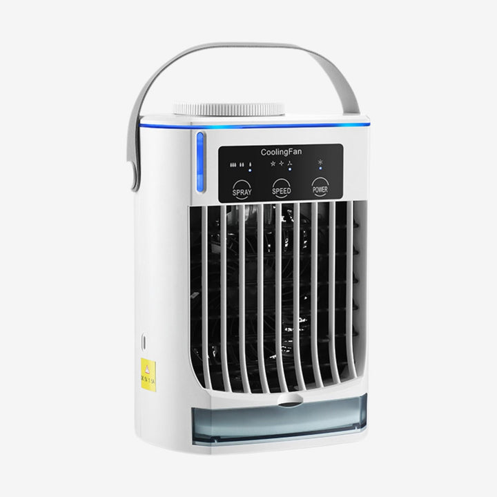 Weißer Mini Luftkühler Ventilator, USB, ideal für persönliche Kühlung am Schreibtisch im Sommer.