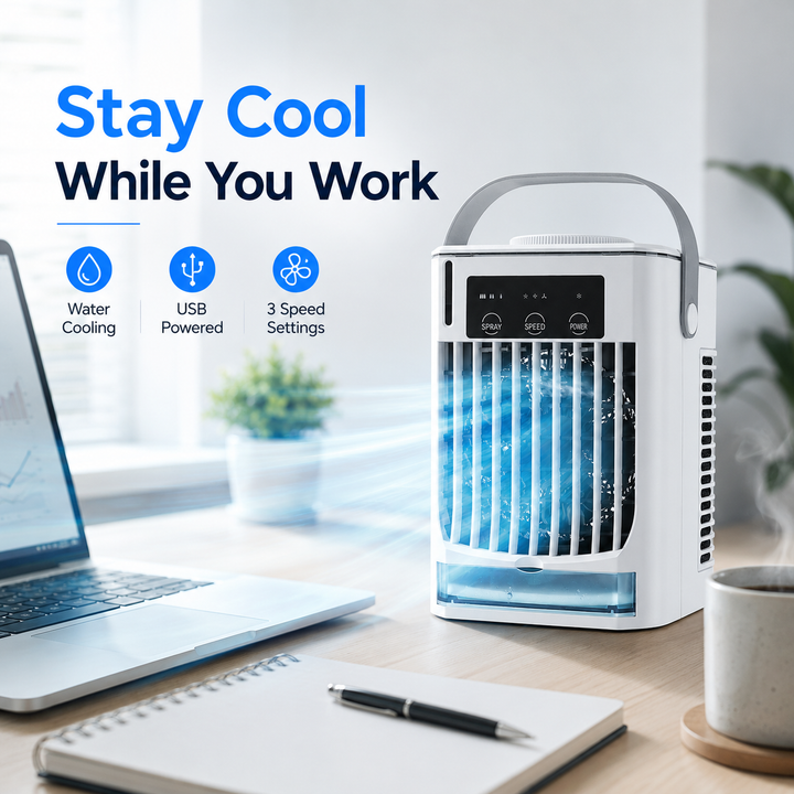 Frische Luft mit dem tragbaren Mini Luftkühler Ventilator, weiß, USB, perfekt für heiße Sommertage.