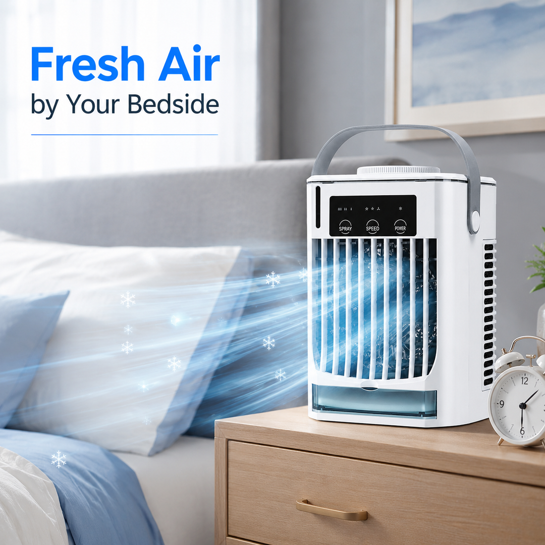 Kleiner weißer USB Luftkühler und Ventilator, tragbar, für persönliche und effektive Sommerkühlung.