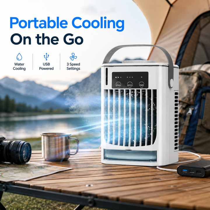 Vielseitiger Mini Luftkühler Ventilator, weiß, USB, tragbar für Schreibtisch & persönliche Kühlung.