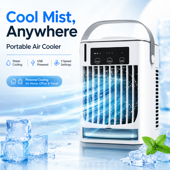 Persönlicher Mini Ventilator mit Kühlfunktion für Schreibtisch und Büro, weiß, USB-betrieben.