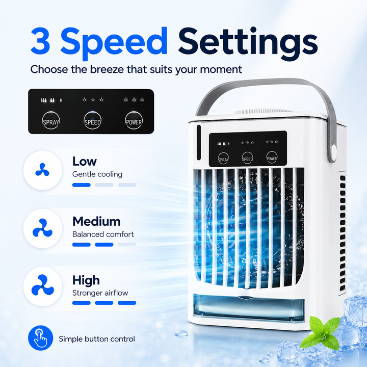 Optimaler Mini Luftkühler Ventilator in Weiß für sommerliche Kühlung am Arbeitsplatz, USB-fähig.