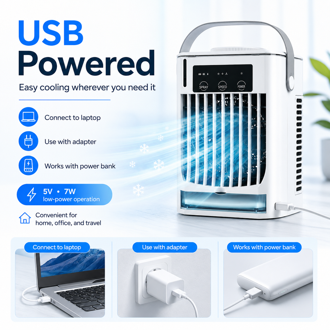 Persönlicher Mini Luftkühler Ventilator, tragbar, weiß, USB-betrieben für effektive Schreibtischkühlung.