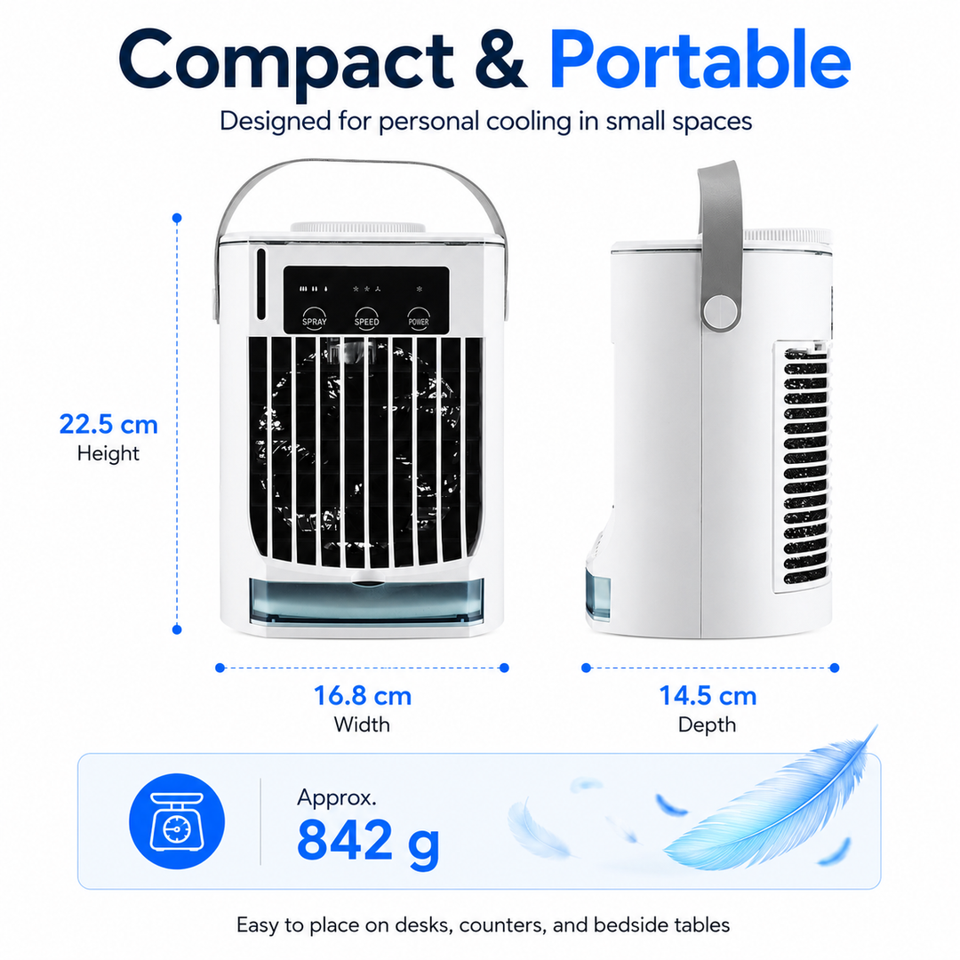Weißer Mini Luftkühler Ventilator, USB, ideal für schnelle und persönliche Kühlung im Sommer.