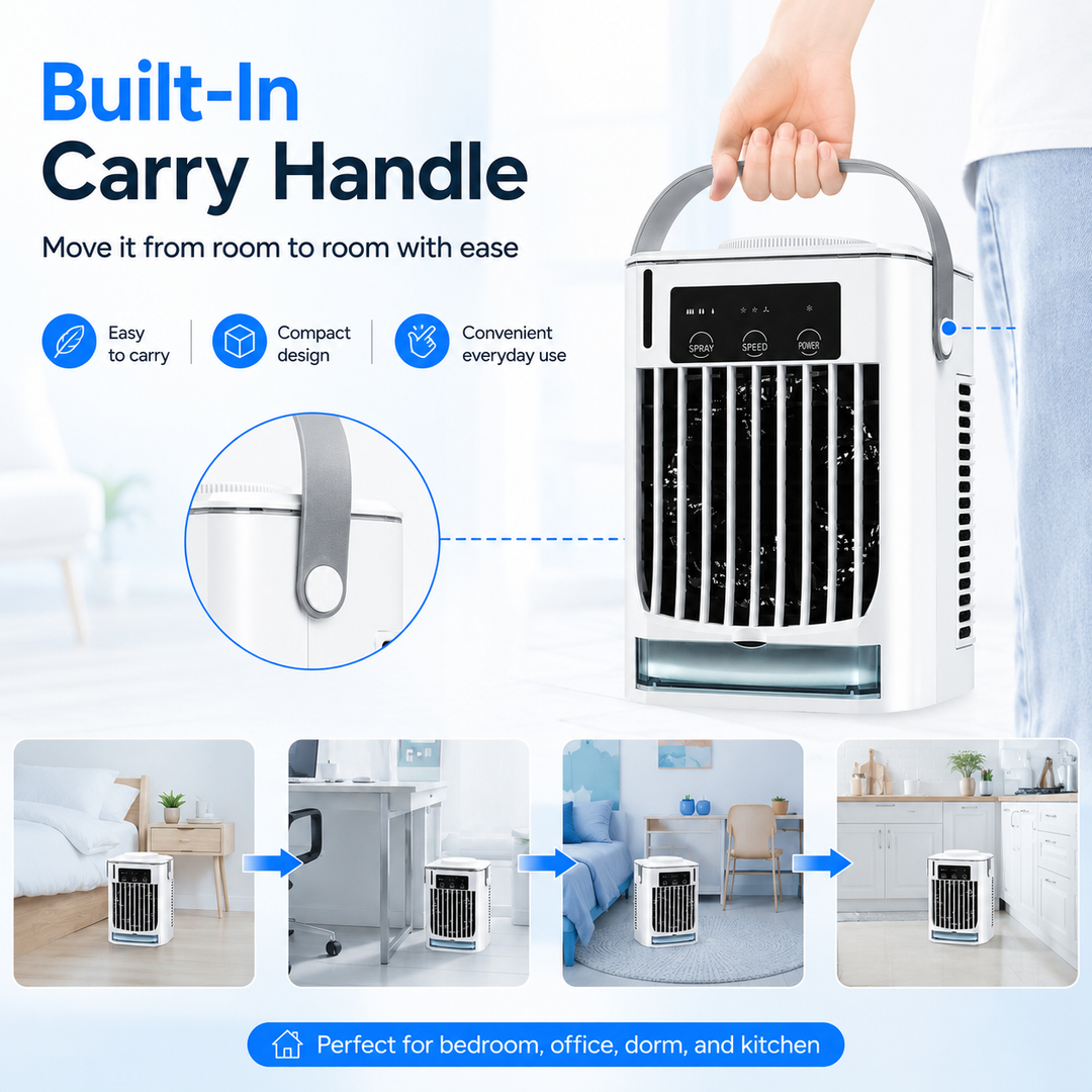 Eleganter weißer Mini Ventilator Luftkühler für den Schreibtisch, tragbar und USB-betrieben.