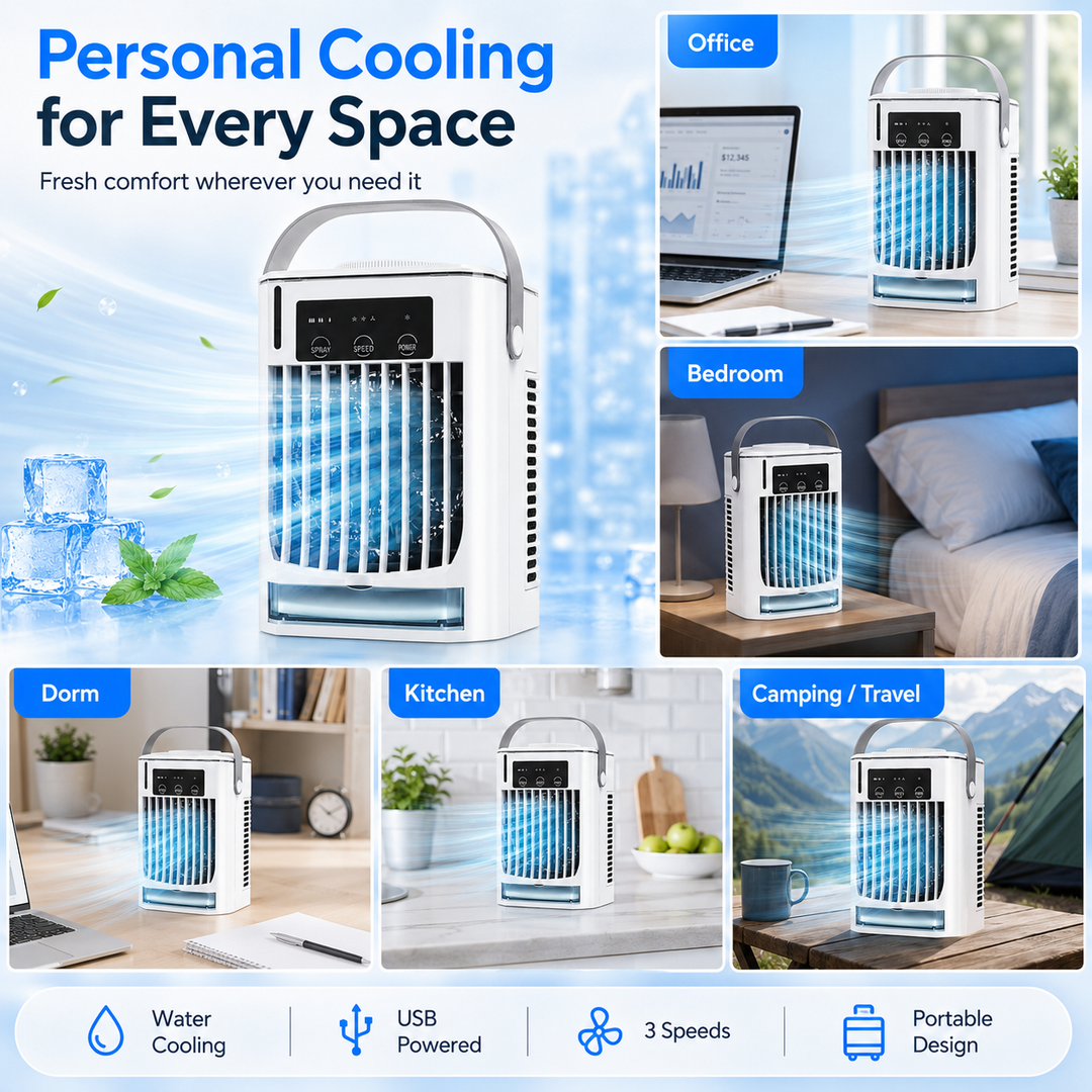 Für persönlichen Komfort: Weißer Mini Luftkühler Ventilator, USB, ideal für Kühlung im Büro oder Zuhause.