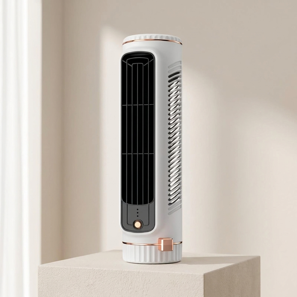 Weißer rotorloser Turmventilator mit 360° Luftzirkulation für leise, effiziente Kühlung.