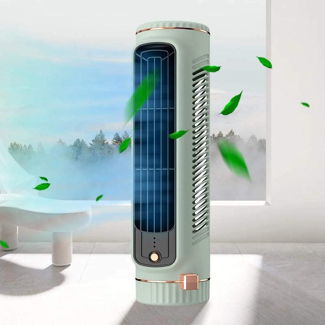Akku-betriebener, tragbarer Turmventilator in Weiß/Grün mit 360° Ventilation für flexible Kühlung.
