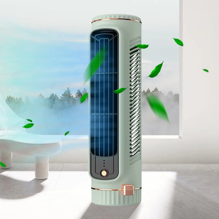 Akku-betriebener, tragbarer Turmventilator in Weiß/Grün mit 360° Ventilation für flexible Kühlung.