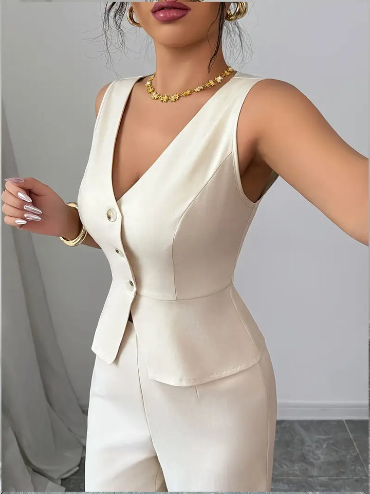 Weißes ärmelloses Damen Hosen-Set für Frühling/Sommer: eleganter Zweiteiler mit weitem Bein für stilvollen Komfort.