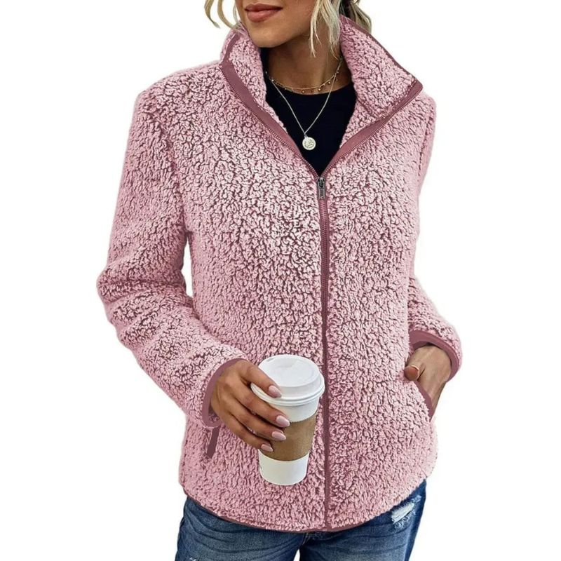 "Weiche Fleecejacke für Damen, modisch und warm, in Blau, Burgunderrot, Grau oder Olivgrün. Perfekt für kalte Tage."
