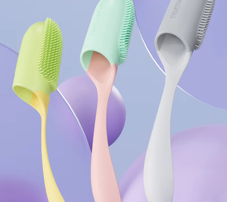 Weiche TPR Zahnreinigungsbürste in Rosa, Grau oder Gelb zur sanften Zahnpflege und Zungenreinigung, ergonomisches Design.