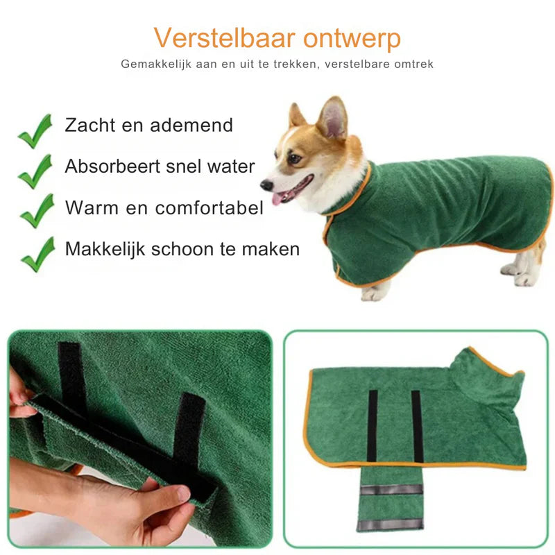 "Weicher, saugfähiger Hundebademantel für schnelles Trocknen und Schutz vor Kälte, passend für alle Hundegrößen."