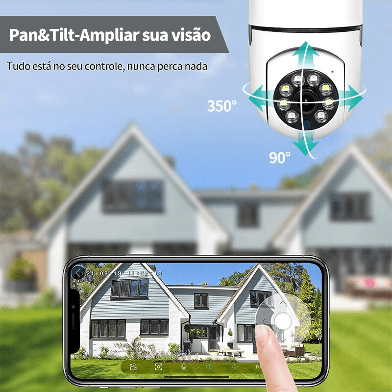 "Weiße 360° WLAN-Sicherheitskamera mit HD 1080p, Nachtsicht und Mikrofon, kugelförmiges Design, für umfassende Überwachung."