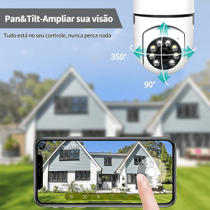 "Weiße 360° WLAN-Sicherheitskamera mit HD 1080p, Nachtsicht und Mikrofon, kugelförmiges Design, für umfassende Überwachung."