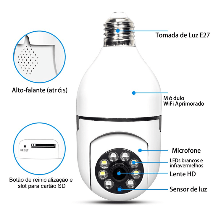 "Weiße 360° WLAN-Sicherheitskamera mit HD 1080p, Nachtsicht und Mikrofon, kugelförmiges Design, für umfassende Überwachung."