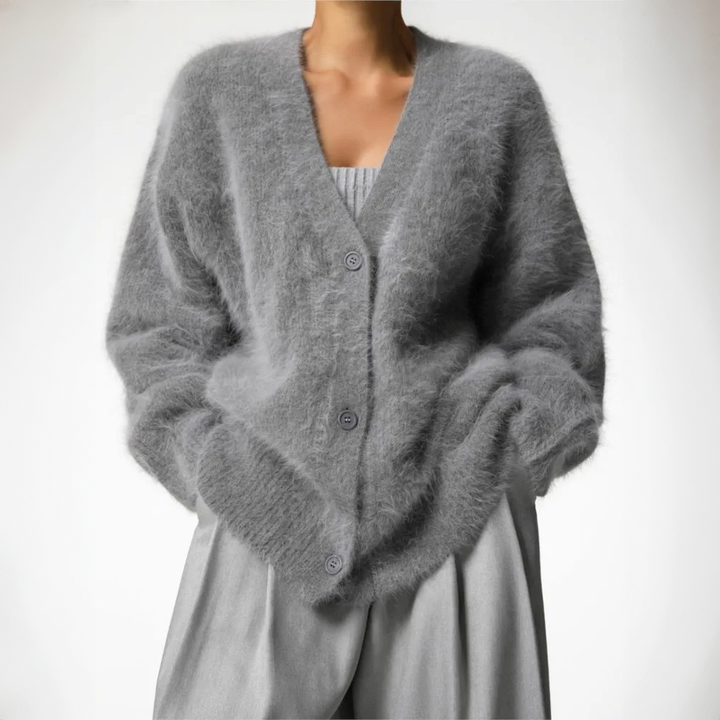 Kuschelige Damen Strickjacke, wendbar, eine Seite Kuhmuster, die andere schlicht für Wintermode.