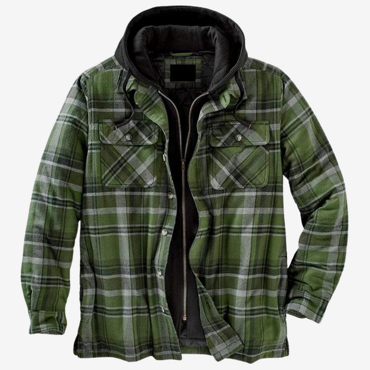 Herren Flanell-Holzfällerjacke in Grün, ideal für kühle Tage mit guter Wärmeisolierung.