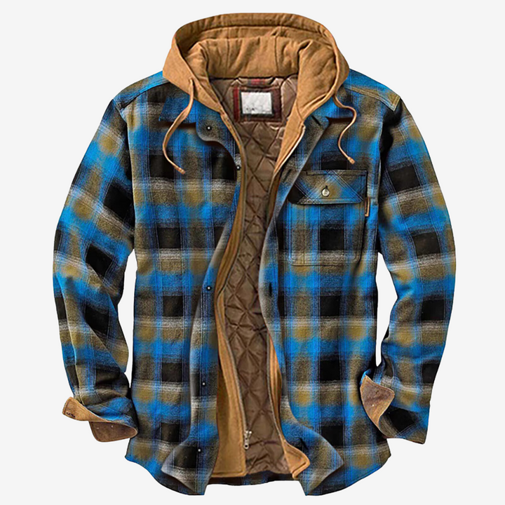 Herren Flanell-Holzfällerjacke in Blau/Braun, wetterfest für Outdoor-Abenteuer.