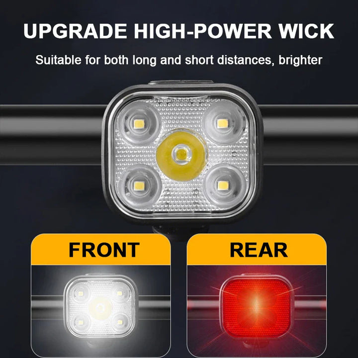 "Wiederaufladbare LED-Fahrradlichter Set: Frontlicht mit 350 Lumen, Rücklicht mit 12 Modi, IPX65 wasserfestes Design."