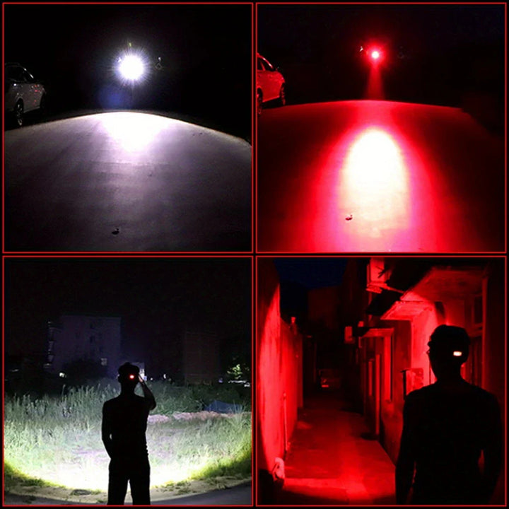 Wiederaufladbare LED Stirnlampe mit Weiß-, Rot- und Grünlichtmodi, USB-Anschluss und ergonomischem Design für Komfort.
