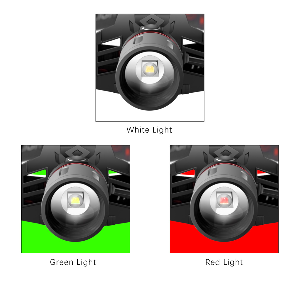 Wiederaufladbare LED Stirnlampe mit Weiß-, Rot- und Grünlichtmodi, USB-Anschluss und ergonomischem Design für Komfort.