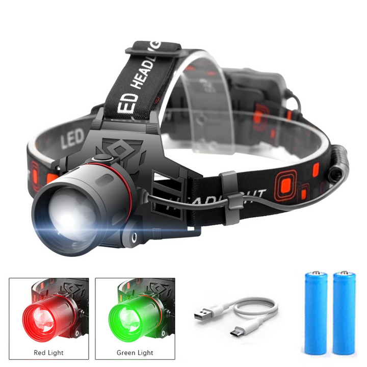 Wiederaufladbare LED Stirnlampe mit Weiß-, Rot- und Grünlichtmodi, USB-Anschluss und ergonomischem Design für Komfort.