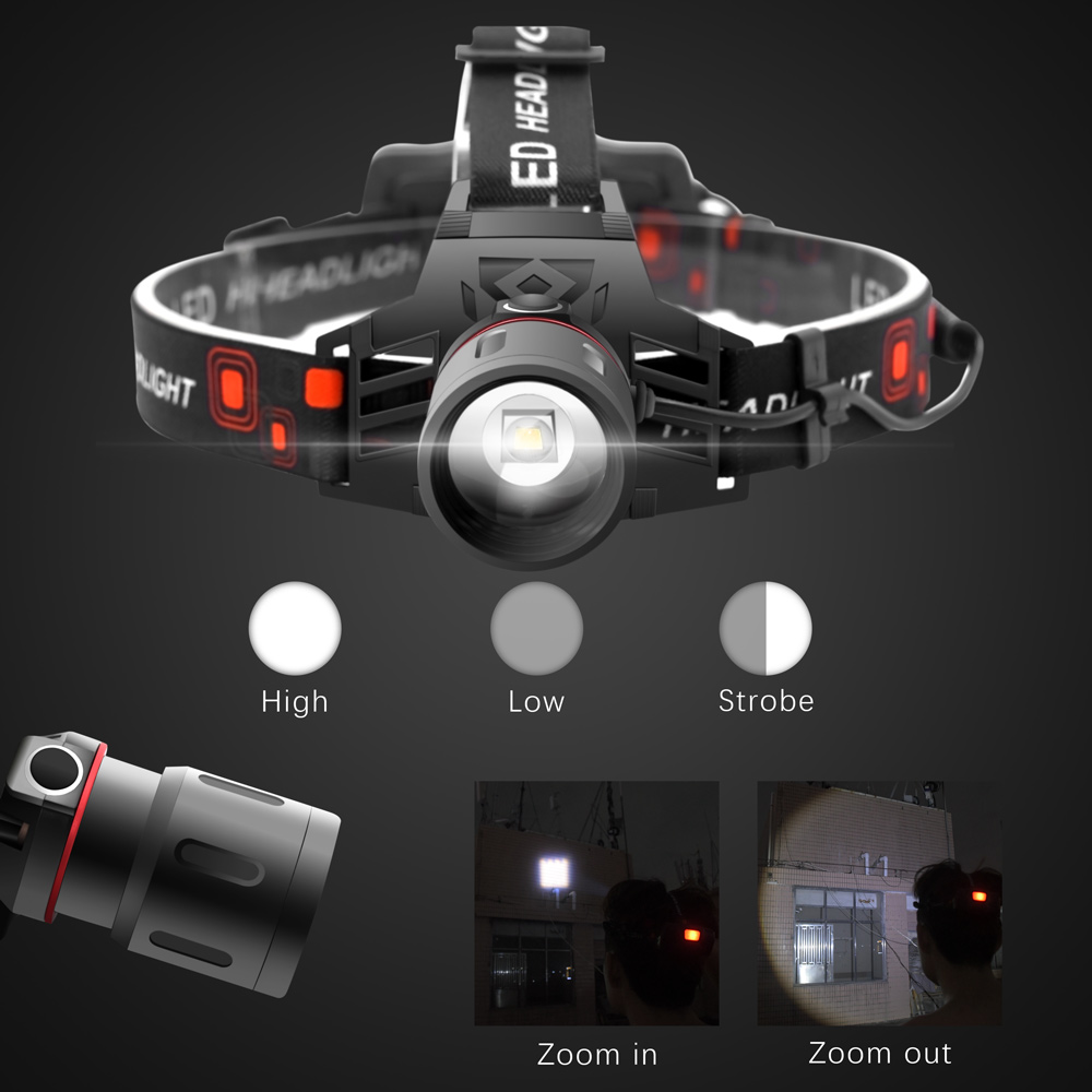 Wiederaufladbare LED Stirnlampe mit Weiß-, Rot- und Grünlichtmodi, USB-Anschluss und ergonomischem Design für Komfort.