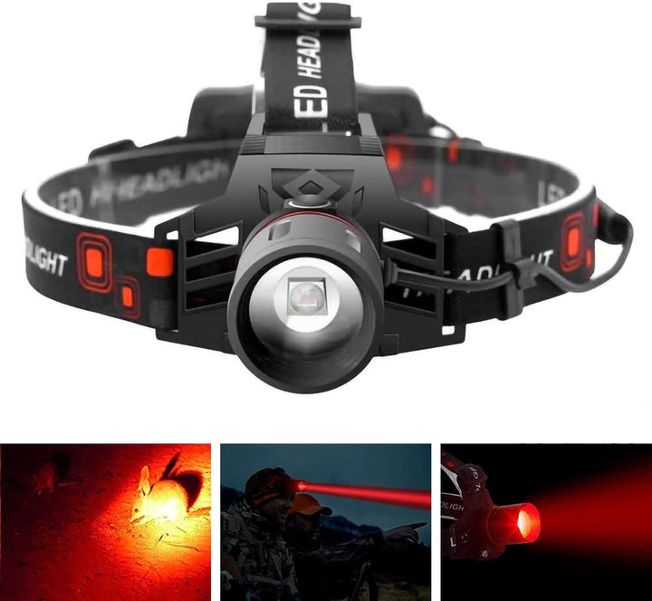 Wiederaufladbare LED Stirnlampe mit Weiß-, Rot- und Grünlichtmodi, USB-Anschluss und ergonomischem Design für Komfort.