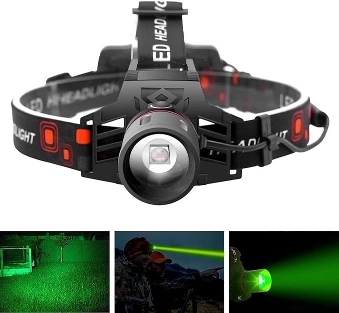 Wiederaufladbare LED Stirnlampe mit Weiß-, Rot- und Grünlichtmodi, USB-Anschluss und ergonomischem Design für Komfort.