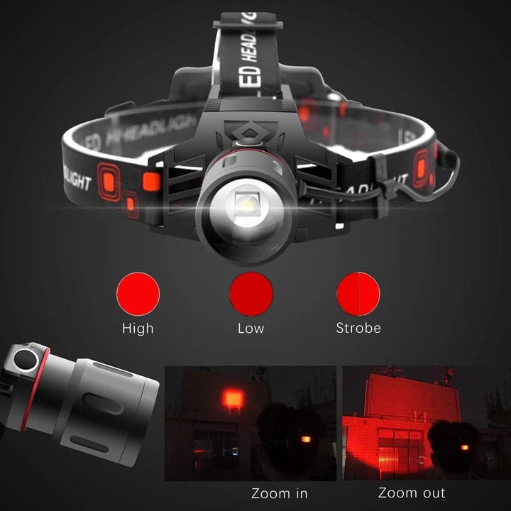 Wiederaufladbare LED Stirnlampe mit Weiß-, Rot- und Grünlichtmodi, USB-Anschluss und ergonomischem Design für Komfort.