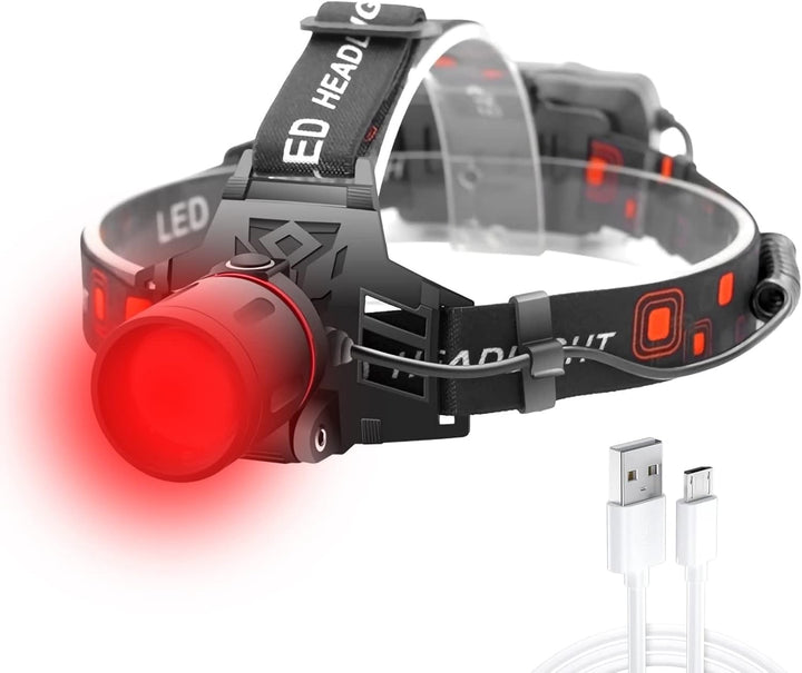 Wiederaufladbare LED Stirnlampe mit Weiß-, Rot- und Grünlichtmodi, USB-Anschluss und ergonomischem Design für Komfort.