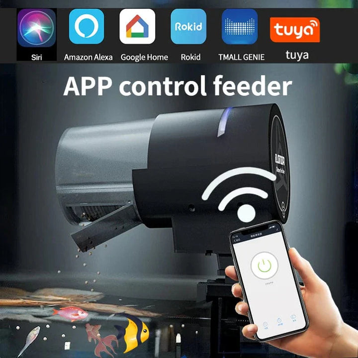 "WLAN-gesteuerter automatischer Fischfutterspender für Aquarien, kompaktes Design, 500ml Behälter, Sprachsteuerung möglich."