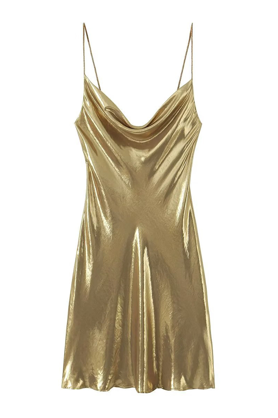 Y2K metallisches Slip Minikleid mit Wasserfallausschnitt für Damen, glänzend und sexy.