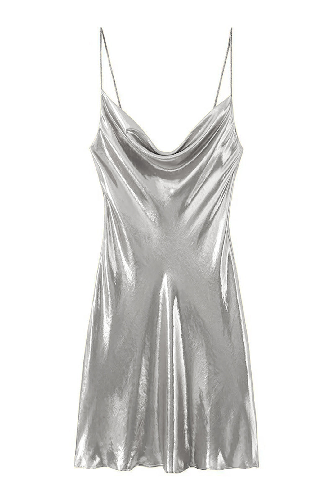 Fashionables Y2K Metallic Minikleid, im Slip-Stil, glänzend, mit elegantem Wasserfallkragen für Damen.