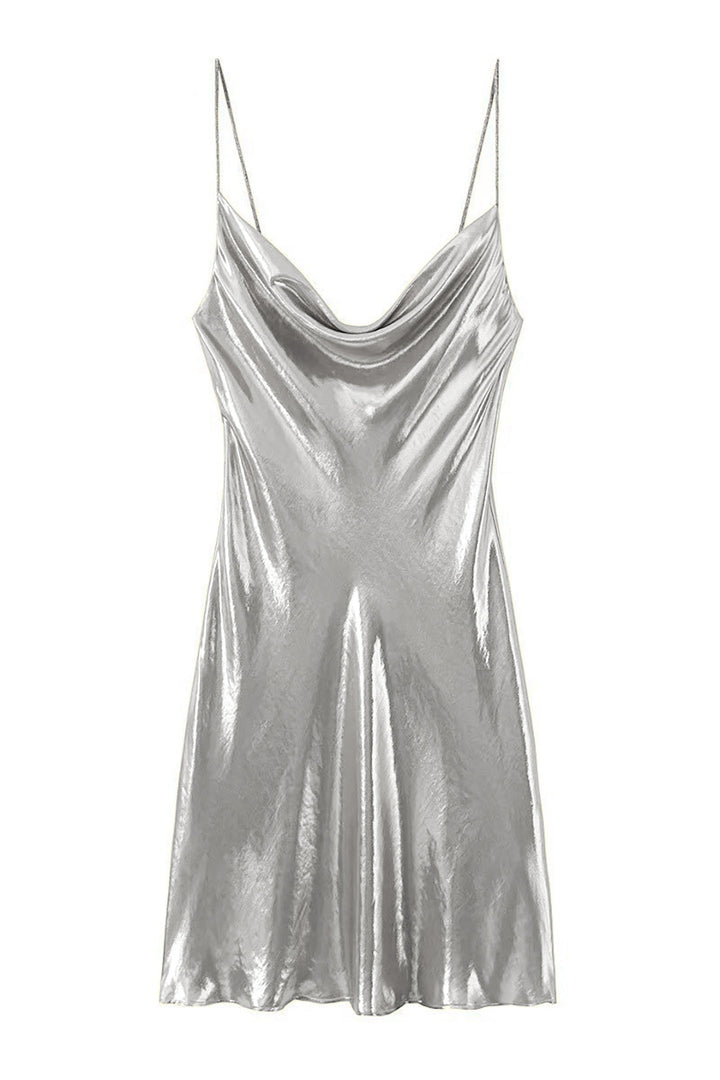 Fashionables Y2K Metallic Minikleid, im Slip-Stil, glänzend, mit elegantem Wasserfallkragen für Damen.