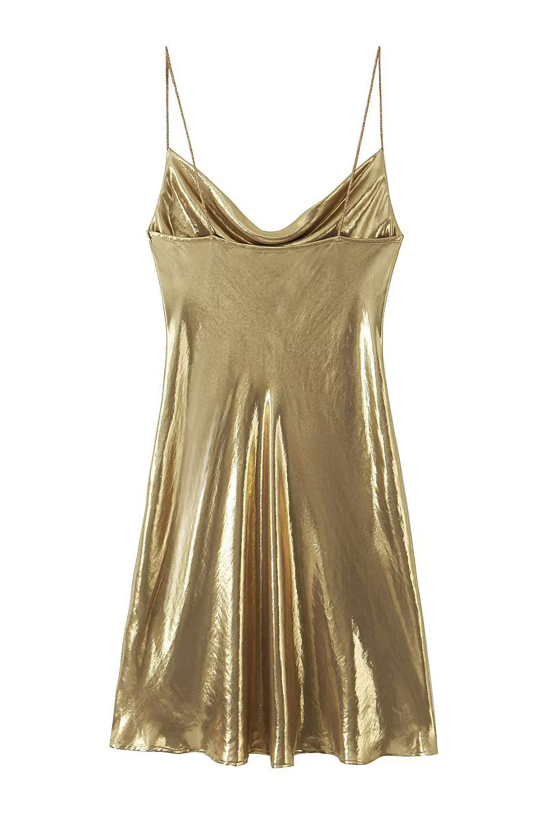 Sexy Metallic Minikleid im Y2K Stil, mit glänzendem Finish und modischem Wasserfallausschnitt.