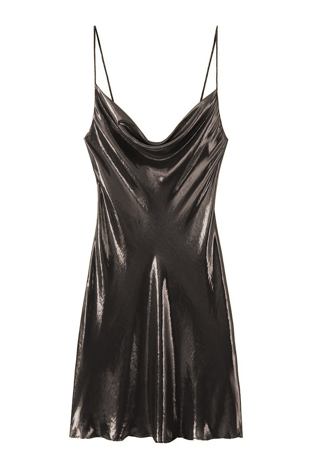 Elegantes Y2K Abendkleid, metallisch glänzend, als Slip-Kleid mit Wasserfallkragen und sexy Schnitt.