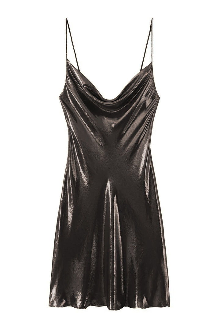 Elegantes Y2K Abendkleid, metallisch glänzend, als Slip-Kleid mit Wasserfallkragen und sexy Schnitt.