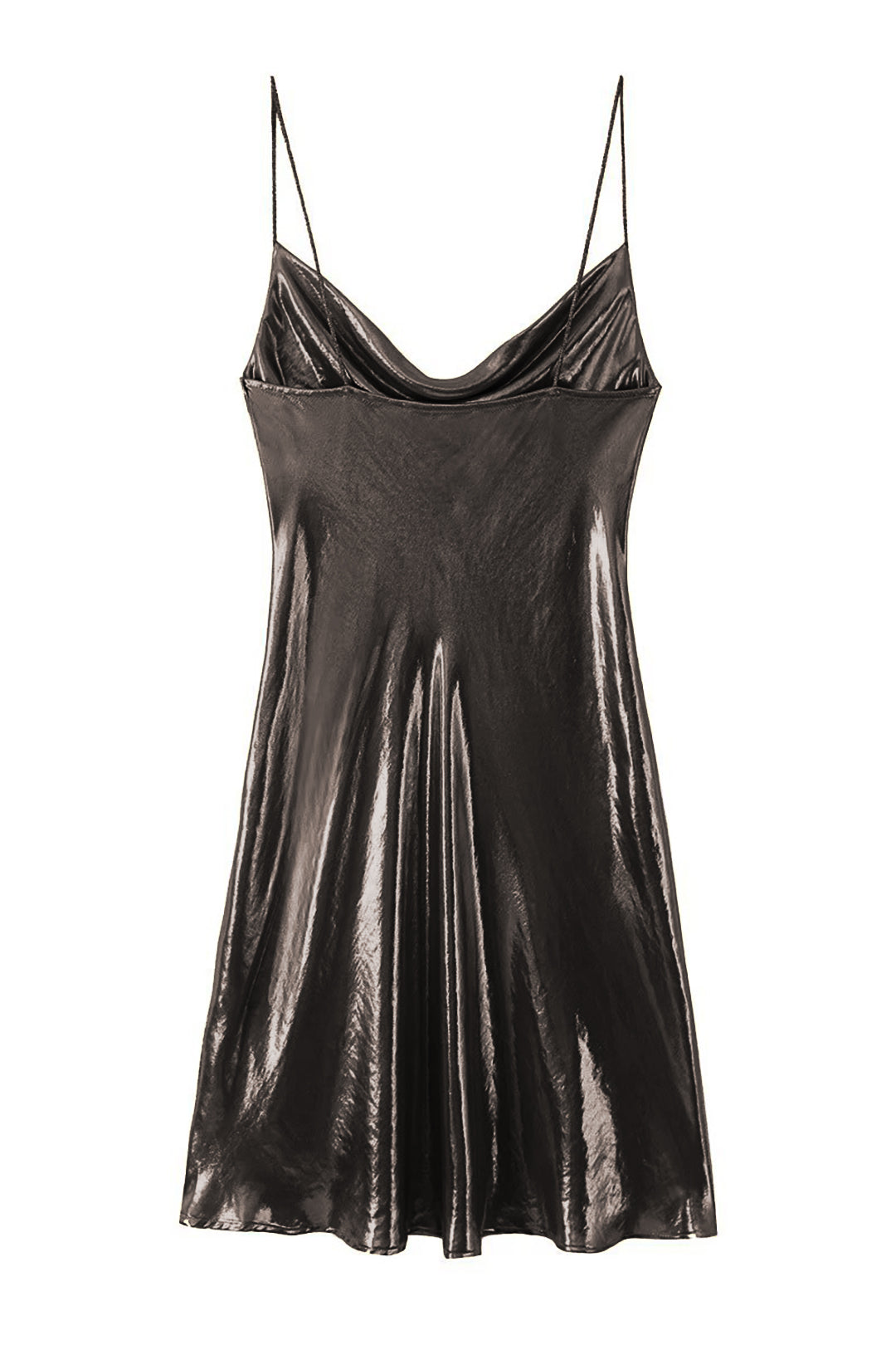Glamouröses Y2K Minikleid in Metallic-Optik, perfekt als Slipkleid mit Wasserfallausschnitt für Partys.