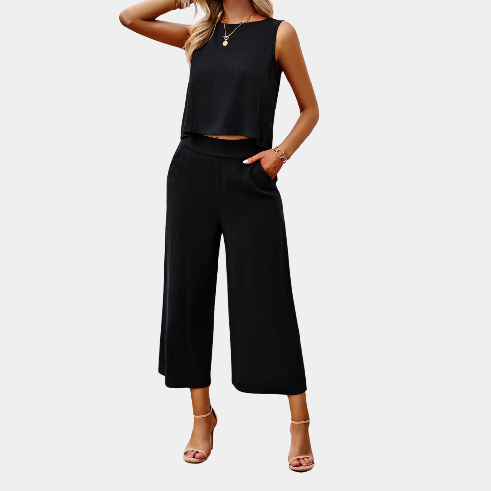 Elegantes Damen Zweiteiler Set mit luftigem Top und weiter Hose, vielseitig kombinierbar für sommerliche Outfits.